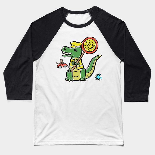 Lollypop Person Crossing Guard Tyrannosaurus Dinosaur Dino Cartoon Cute Character Baseball T-Shirt by Squeeb Creative